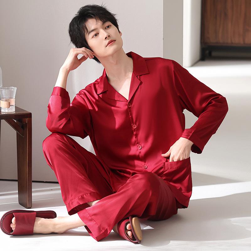 Sexy small suspender shorts nightgown newlywed three-piece set couple spring and autumn ice and snow silk long-sleeved lapel pajamas men