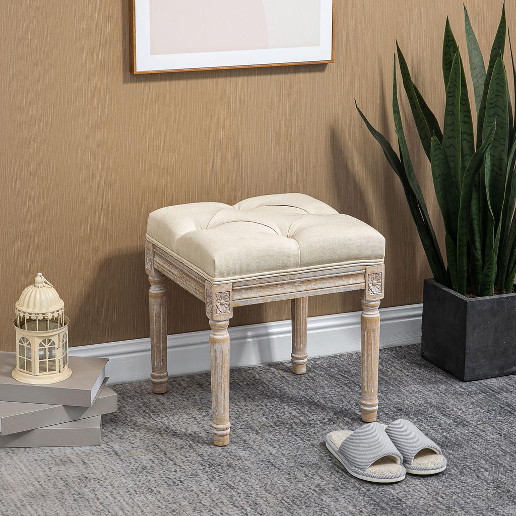 Footstool/Ottoman, Linen-Look Fabric, Rubberwood Legs, 40 x 40 x 43 cm, Beige