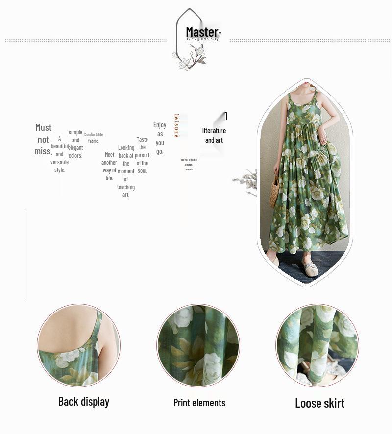 2025 Summer Cotton Linen Patchwork Long Dress with Large Hem and Slimming Fit