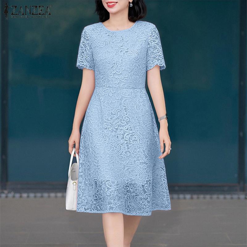 ZANZEA Women Casual Round Neck Summer Short Sleeve Patchwork Crochet Dress
