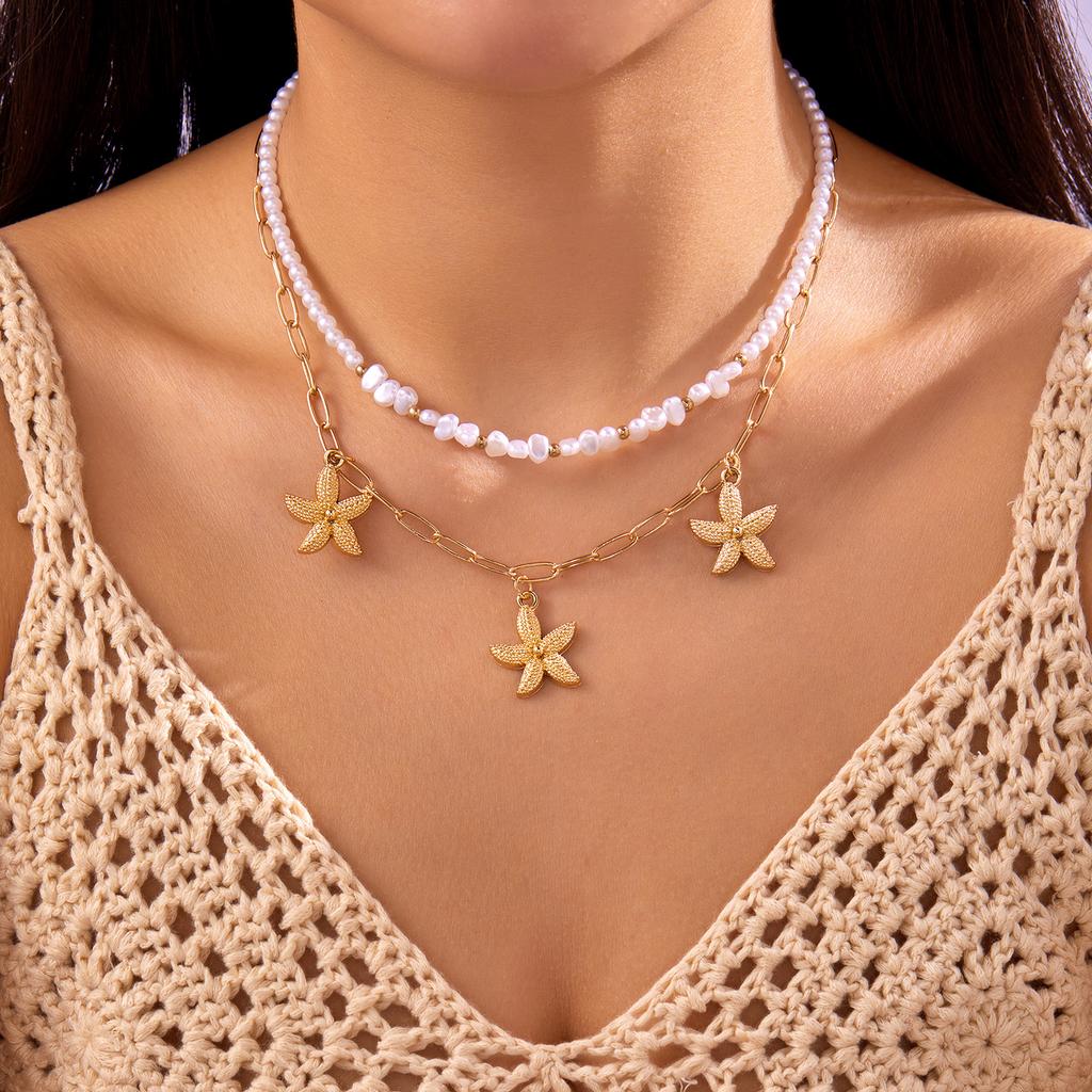Ocean Style Imitation Pearl Starfish Shell Necklace for Women Trendy Conch Flower Pendant Necklace Beach Jewelry Vacation Gift