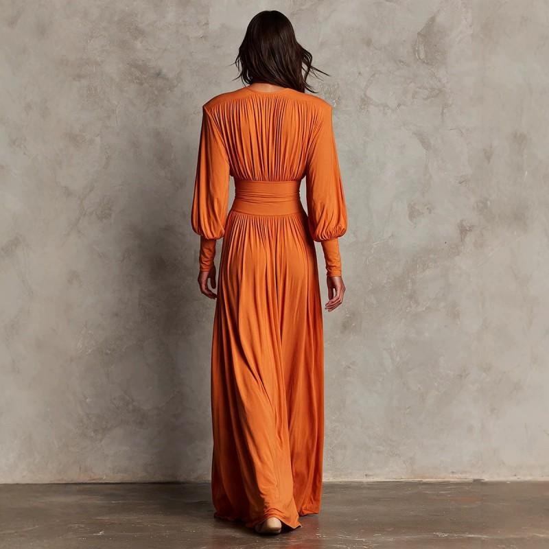 Solid Color Deep V Neck Long Sleeve A-Line Maxi Dress 2026 Elegant Evening Gown