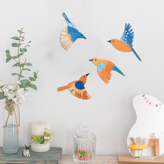 4Pcs Wooden Bird Wall Decoration Three-Dimensional Flying Birds Wall Art DIY Waterproof Wall Stickers for Indoor Outdoor Rustic Home