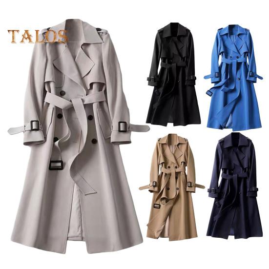 Women Windbreaker Turn-down Collar Loose Pure Color Coat Double-breasted Long Sleeves Belt Decor Overcoat Mid Length with Pockets Windproof Lady