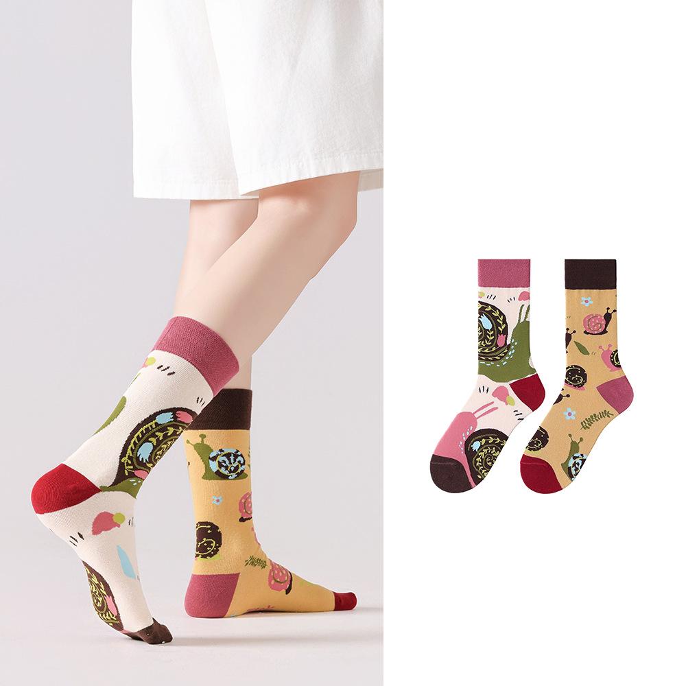 Children's Cartoon Sports Socks, Mid-Calf, Asymmetrical Mandarin Duck Design, Cotton Trendy Pair
