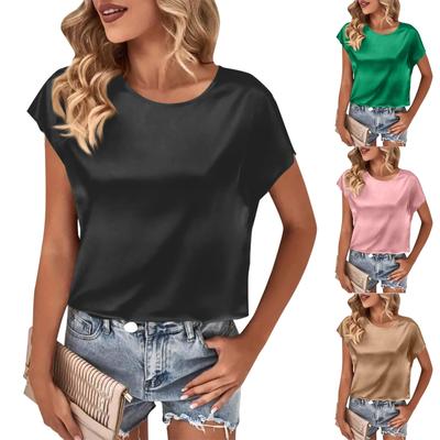 Hauts décontractés pour femmes sans manches en satin de couleur unie à col rond