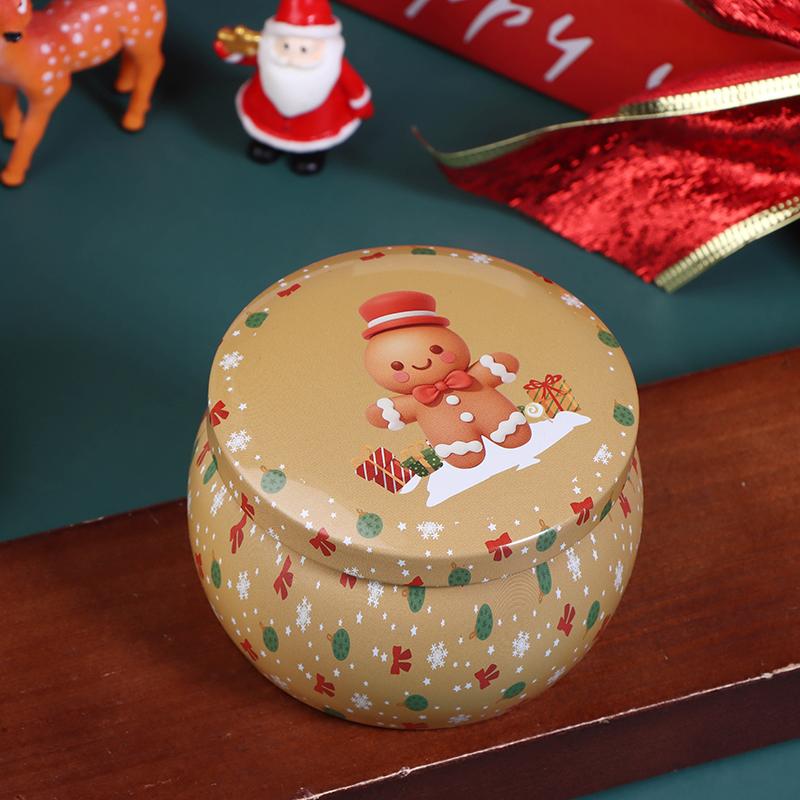 1Pcs Christmas Tinplate Round Candy Tin Can Candle Jars With Lid Candle Container Empty Box Cookie Candy Storage Gift Case
