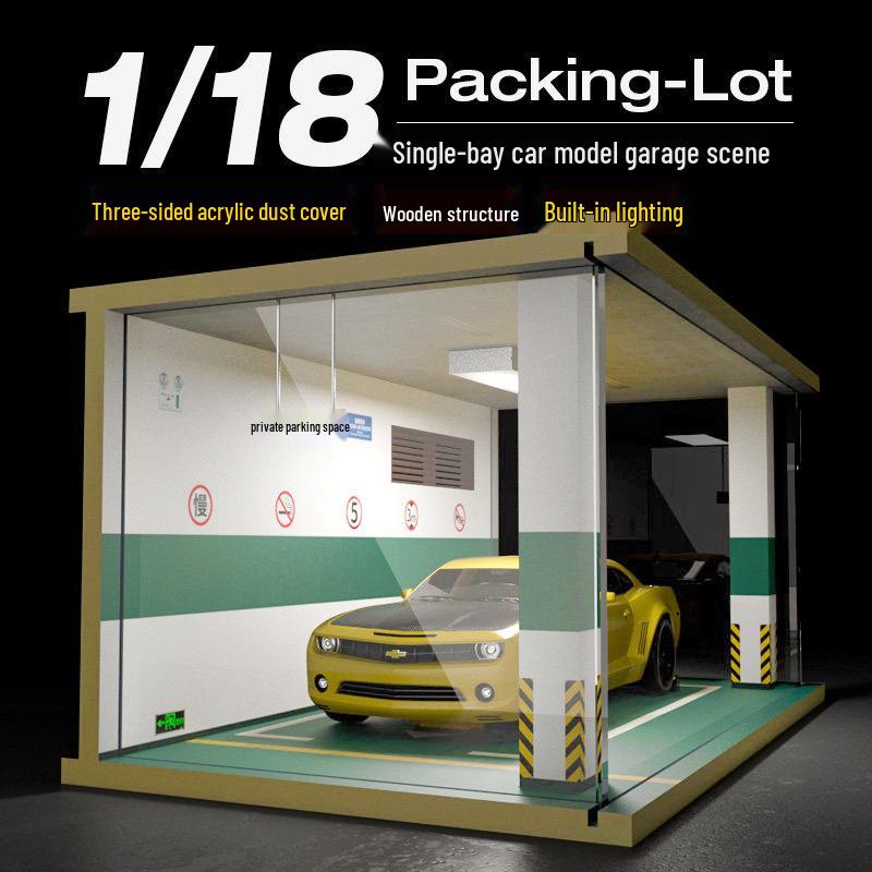 1/18 Wooden Parking Garage Model with Lighting and Dustproof Ornaments