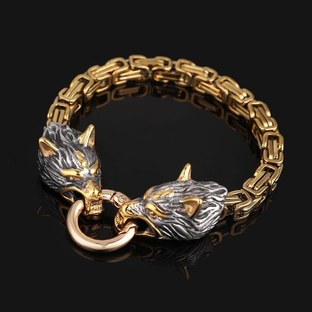Norse Viking Celtic Wolf Head Bracelet Men Stainless Steel Odin Wolf Bangle Amulet Never Fade Gold Color King Chain Rock Jewelry