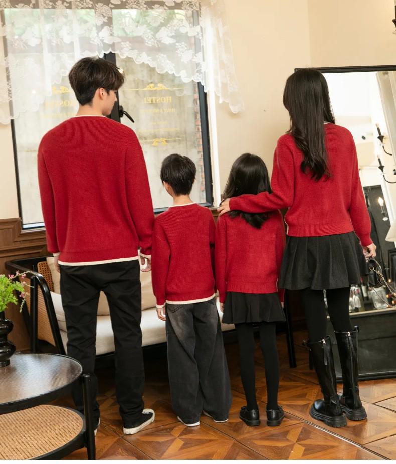Korean Style Red Parent-Child Sweater: Women's Cardigan & Men's Round Neck Pullover