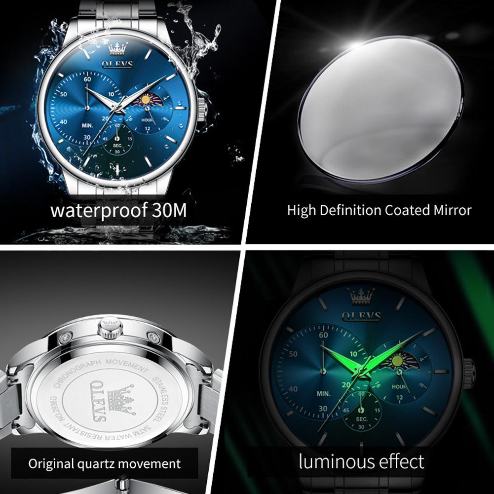 OLEVS Herrenuhr Einfache Casual Original Quarzuhr Für Männer Wasserdicht Leuchtend Edelstahl Mondphase Männer Geschenke