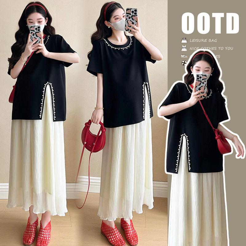 2026 Summer Korean Maternity Set: Pearl Slit T-shirt & Pig Nose Buckle A-line Skirt M