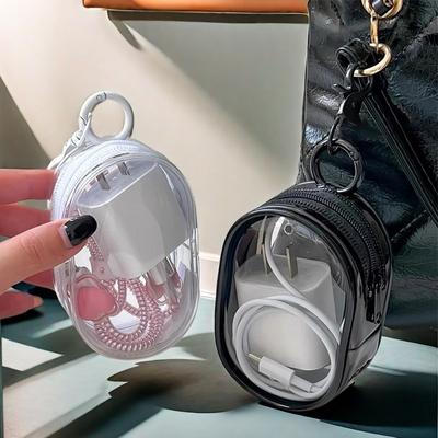 Nuevas bolsas de cosméticos redondas negras transparentes de PVC, organizador de joyas, cable de datos portátil, auriculares, cargador de monedas, bolsas de almacenamiento