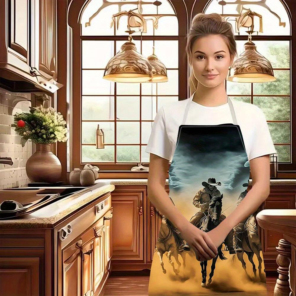 1pc Cowboy Horse Riding Apron Linen Western Theme Kitchen Cooking Baking Smock Adult Chef Gift Men Women Ranch Art Design