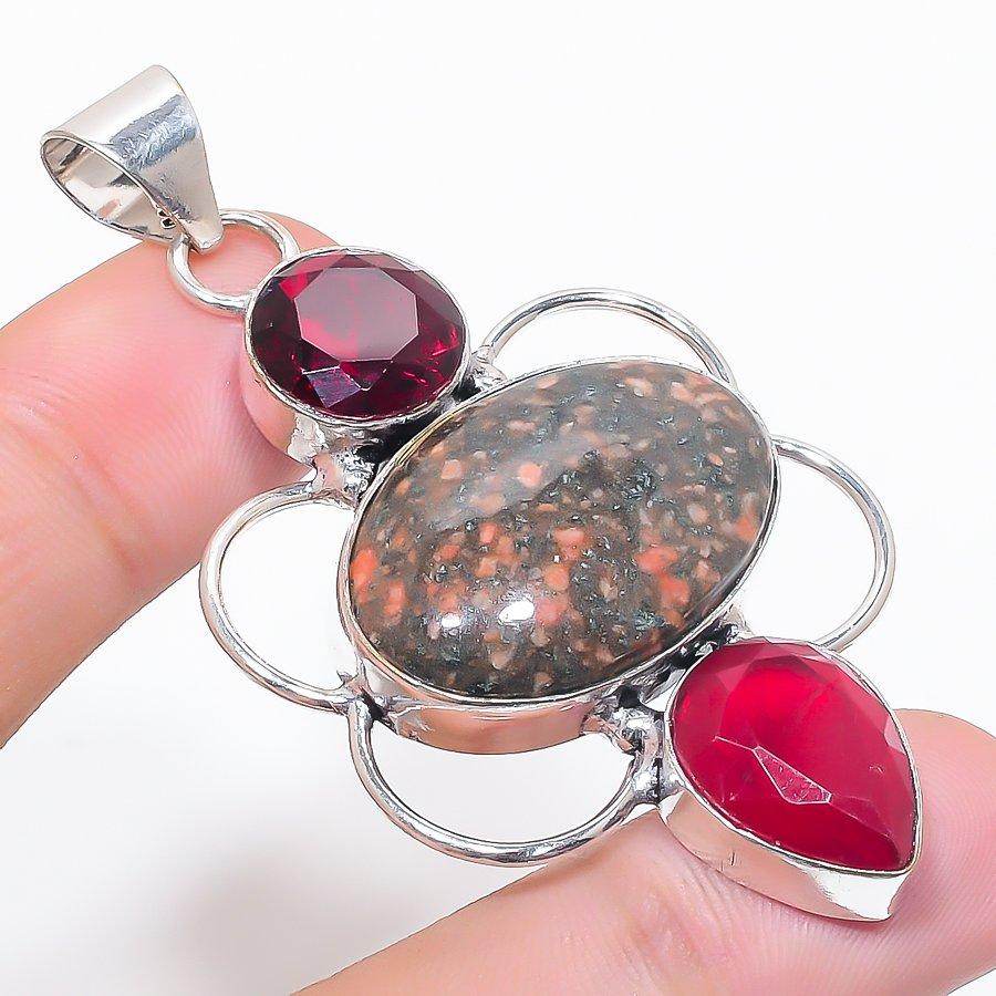 Natural Ocean Jasper, Garnet 925 Sterling Silver Jewelry Pendant 2.60" Q4L97