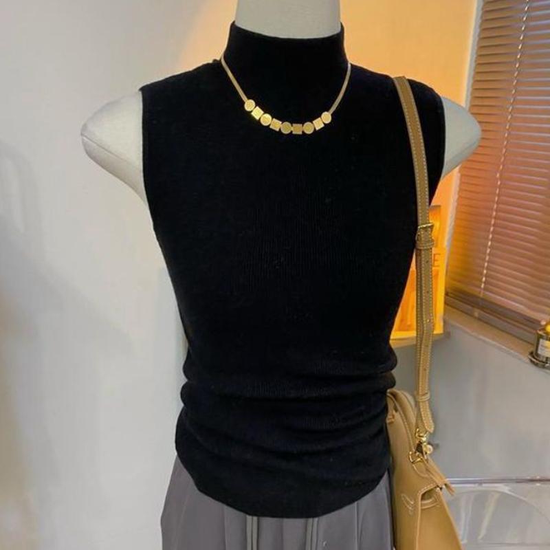 

Women s Simple Must Have Autumn Winter Half High Neck Sleeveless Slim Fit Knit Vest Warm Lining Top S чорний