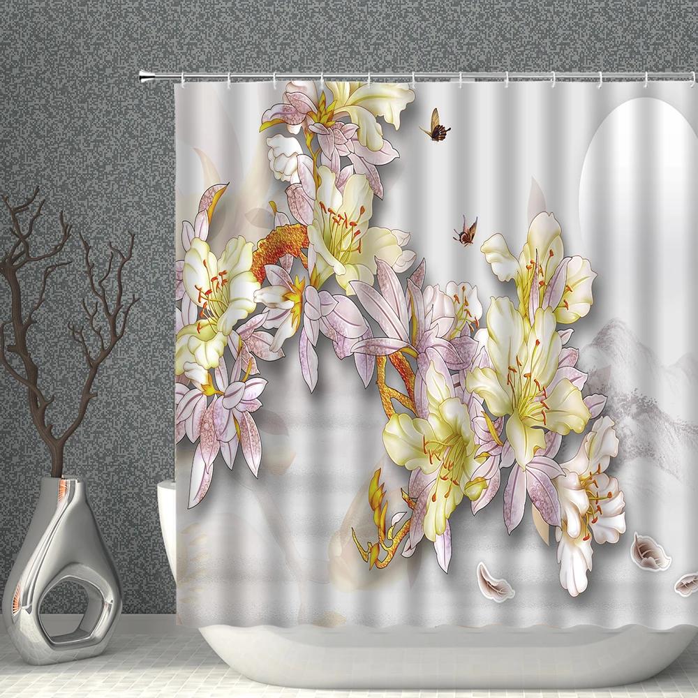 Impression 3D Fleur Réaliste Oiseau Poisson Paons Papillon Décoration de Maison Rideau de Douche Imperméable Rideaux de Fond Suspendus