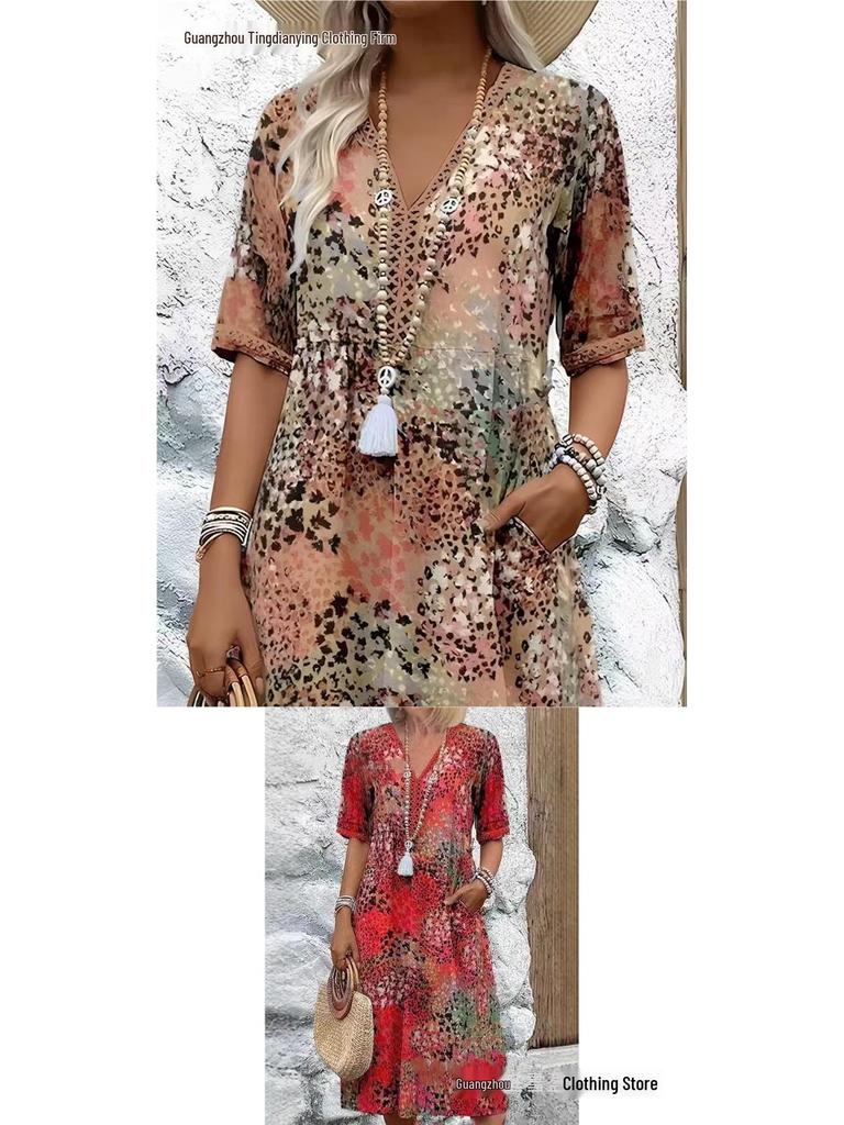 Nuevo Vestido Estampado con Escote en V y Ribete de Encaje Estilo Europeo y Americano