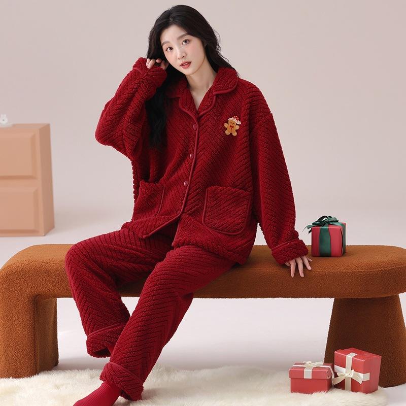 Couple Pajamas Women'S Autumn And Winter Coral Fleece Birth Year New Wedding Festive Big Red Men'S Loungewear Suit