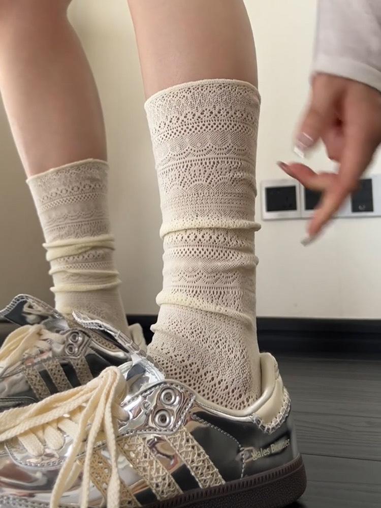 

Summer Thin Solid Color Hollow Slightly Transparent Socks High Socks And Knee Lace Calf Stacking Socks Nightclub Thin Socks One size fits all молоко, білий колір