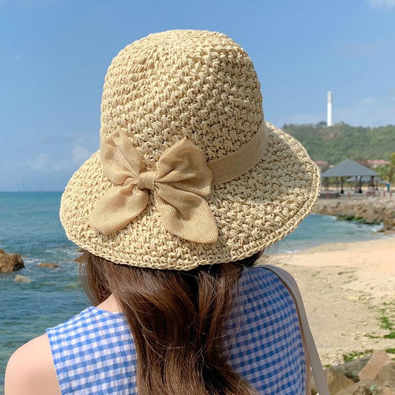 Women Bowknot Woven Bucket Straw Hat Breathable Wide Brim Sun Hat Foldable Beach Travel Shade Cap