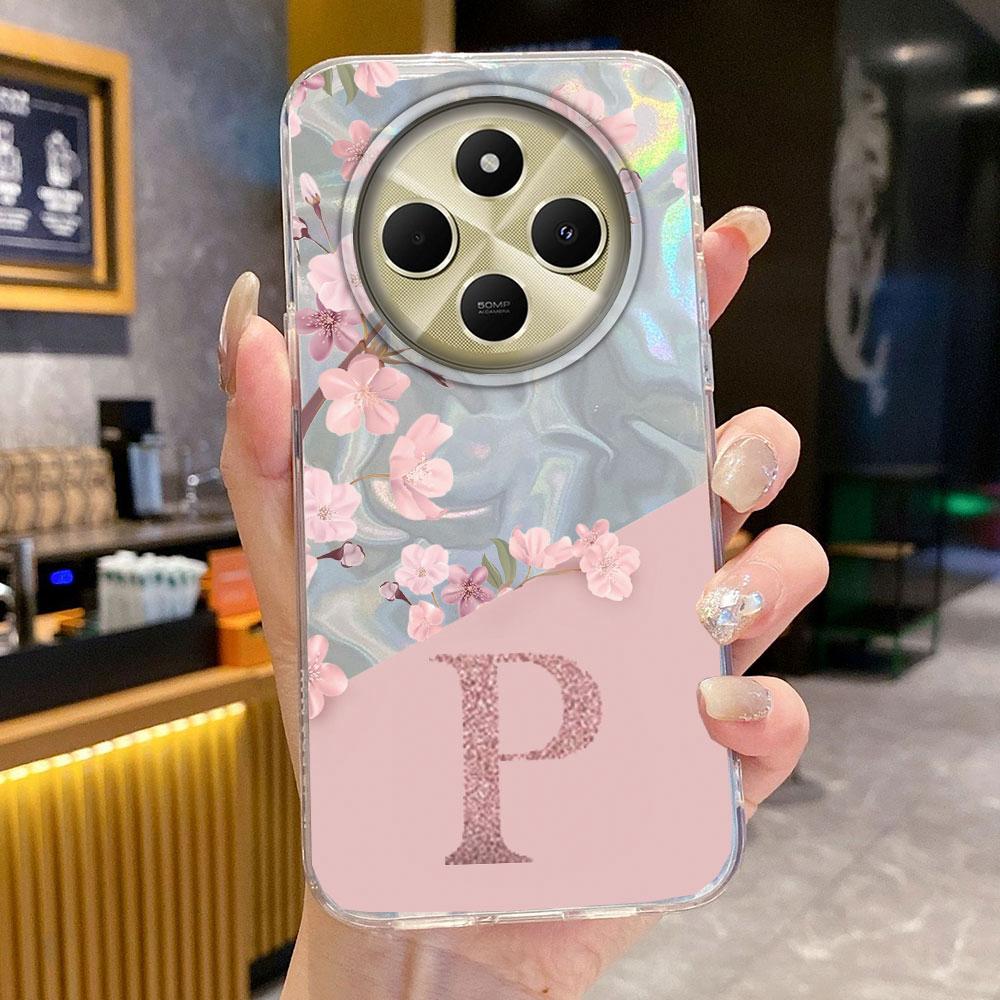 A Z Pink Letter Peach Flower  Shockproof Phone Case For Xiaomi Redmi Note 14 15 Pro+ Plus 15C 14C Silicone Couple Shell Cover