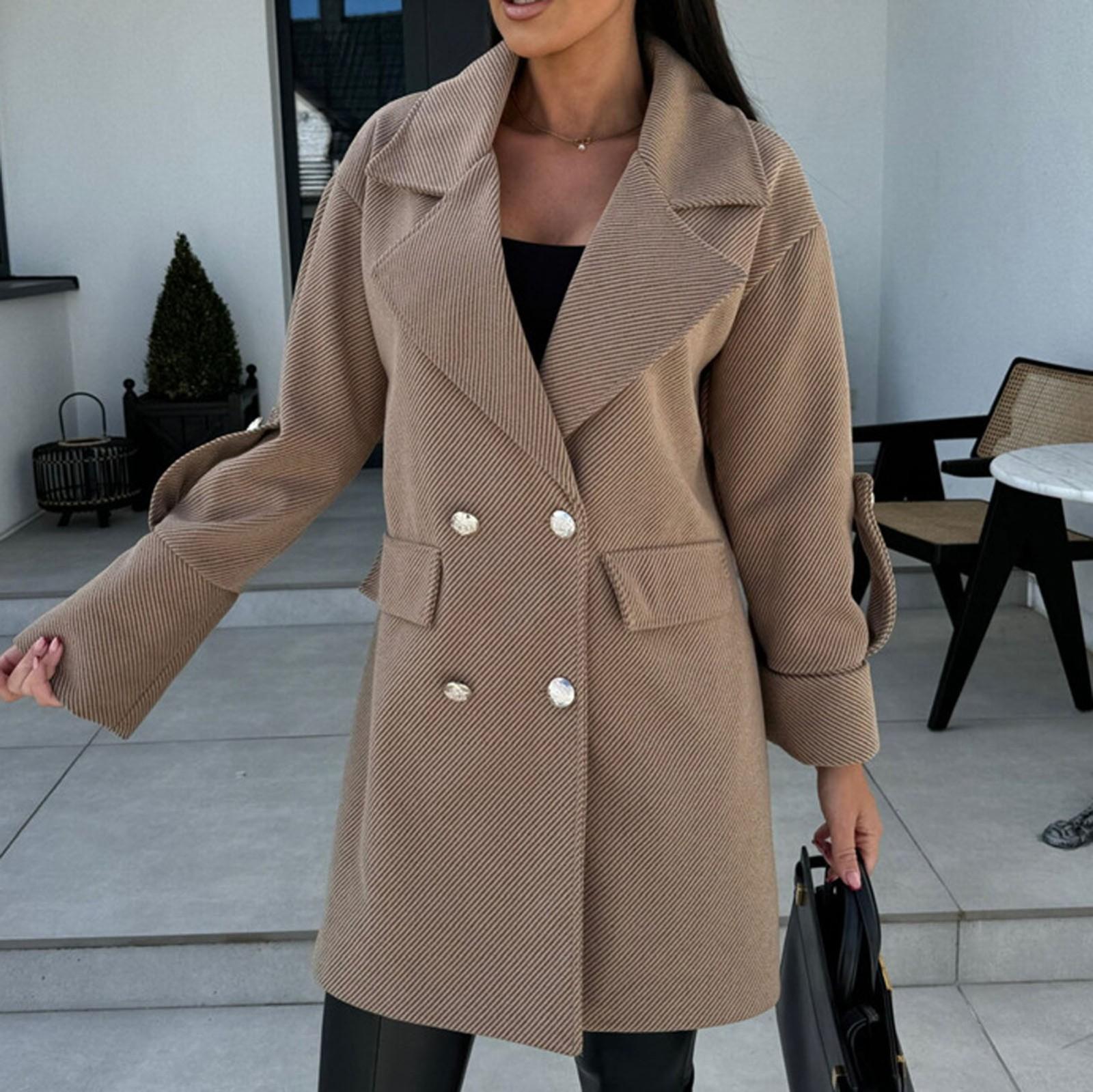 

Женское свободное повседневное шерстяное пальто с воротником из однотонного костюма, модное пальто с длинными рукавами XL хаки