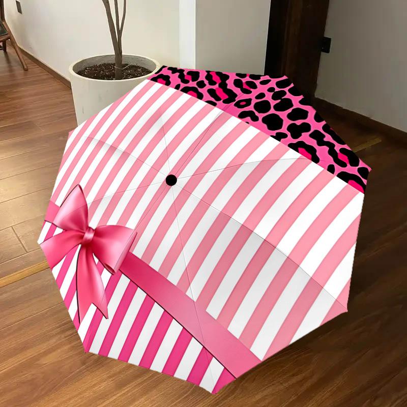 1PC Leopard Print, Pink Stripes Umbrella-8-Rib Reinforced, Automatic Open, Lightweight & Durable, Cute Fashion Accessory for Outdoor-T199