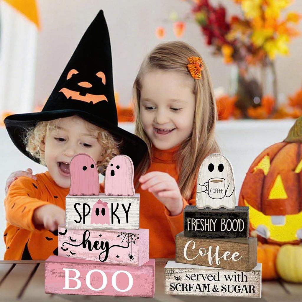 Ghost Sign Wooden Ghost Halloween Tiered Tray Decor Block Decorative Display for Indoor Shelf Home Coffee Bar Party Festive