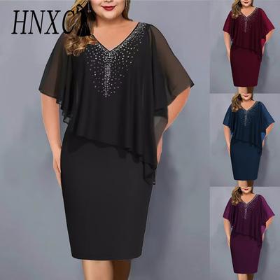 Women Plus Size V Neck Asymmetrical Buttocks Dress Chiffon Sequin Dress(L-5XL)