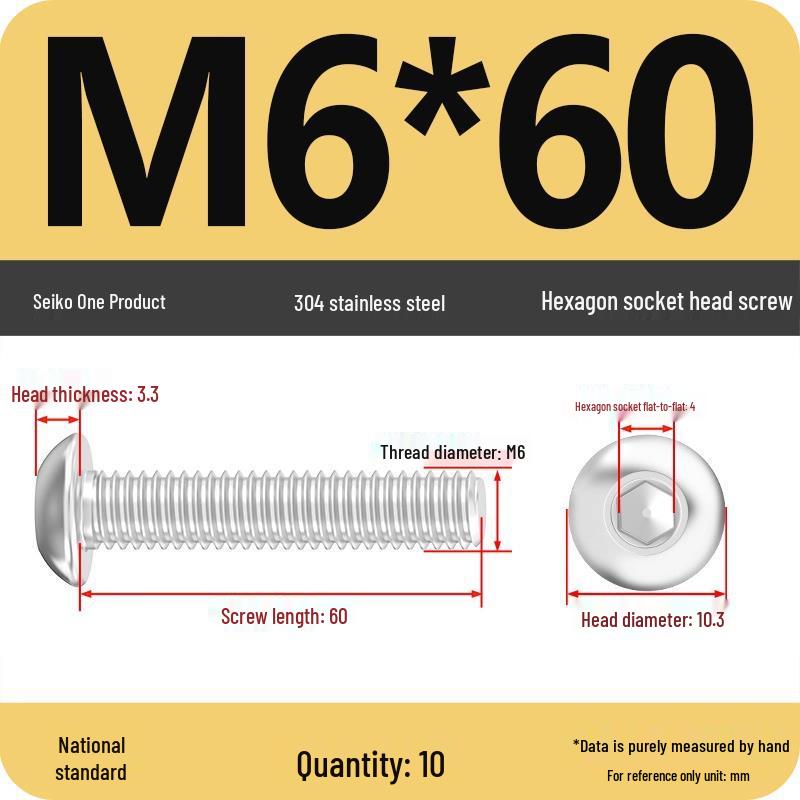 304 Stainless Steel Pan, Half, and Round Head Hexagon Screws (M2-M12)