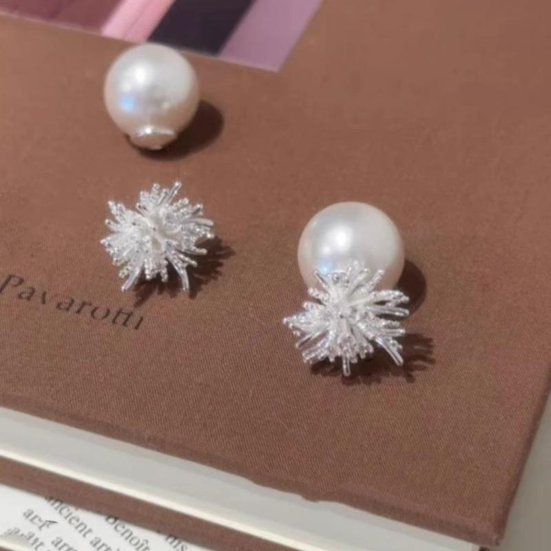 Silver Needle Two-Way Pearl Fireworks Dandelion Earrings for Women