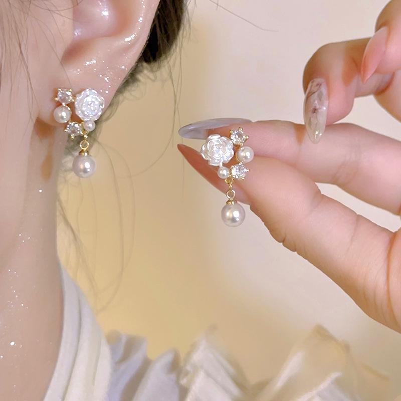 S925 Silver Needle Pearl Flower Earrings - Trendy Spring/Summer Camellia Design