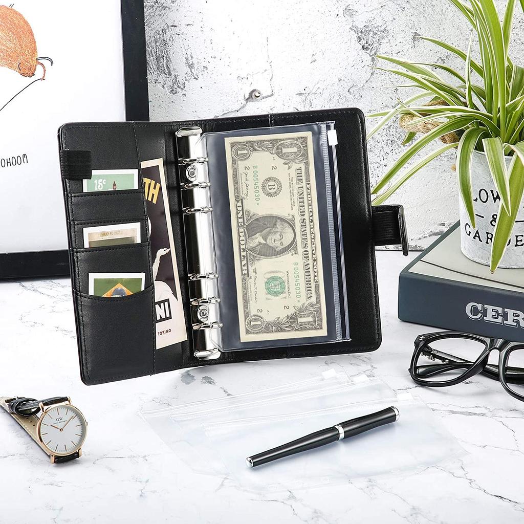 PU Leather Notebook Binder Budget Planner Binder Cover with Binder Pocket Personal Cash Budget Envelopes System 6 Hole Binder Zipper Folder Black Co