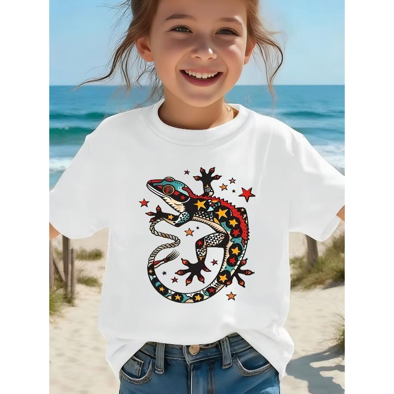 European sizes Stylized Colorful Gecko Lizard with Star And Triangle Patterns, T-Shirt for Boys And Girls, Casual Summer Short Sleeves