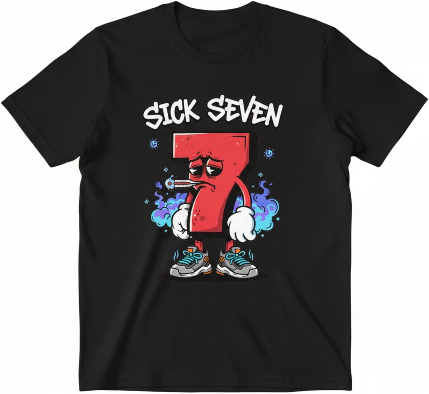 

New Arrival “Sick Seven” Cartoon Number 7 Graphic Funny Unique Design Black Harajuku Style Unisex Fashion Loose Graphic T-Shirt 4XL