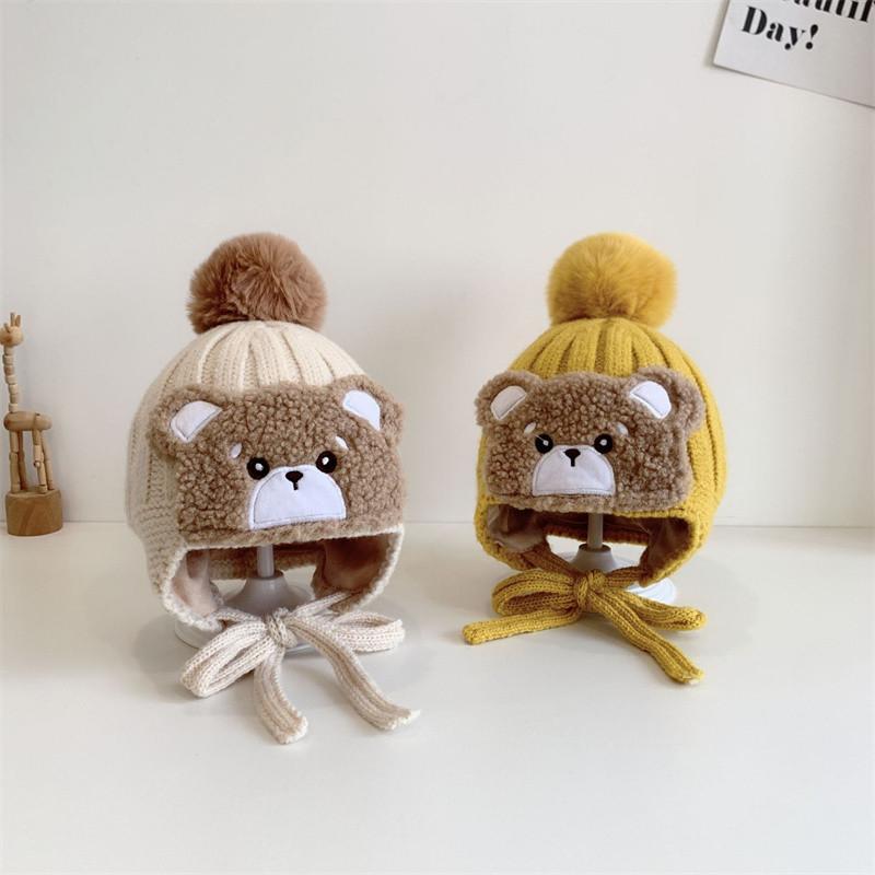 Autumn and Winter Baby Hats Cute Big Wool Ball Knitted Children's Ear Protection Hat Super Cute Little Bear Double-layer Warm Woolen Hat
