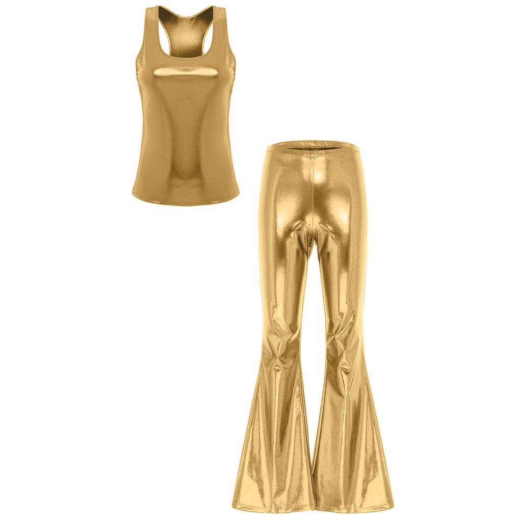Womens Metallic Shiny Disco Outfit Sleeveless Racerback Tank Top with Flared Pants Elastic Waistband Partywear