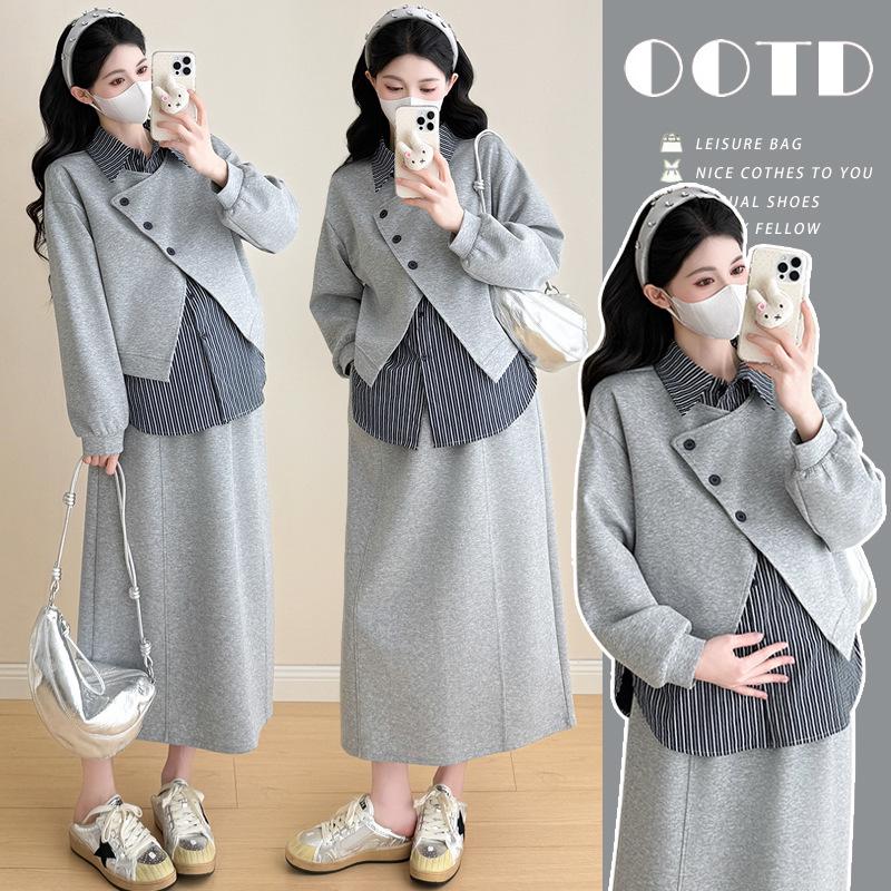 Spring Maternity Set: Korean Style Irregular Stripe Patchwork Two-Piece Top & Skirt 2XL [70-80 kg]