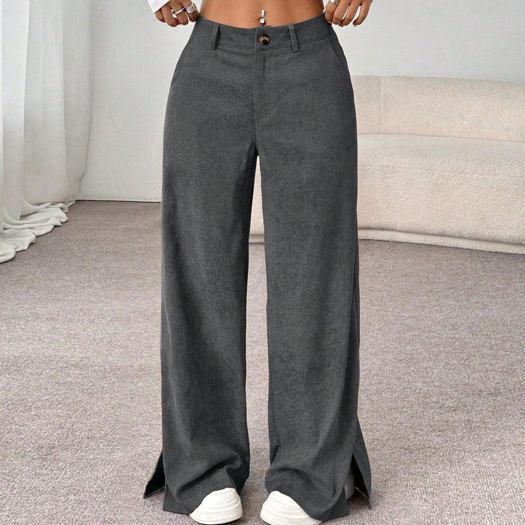Women Low Waist Corduroy Wide Leg Pants Split Hem Vintage Straight Trousers Commuter Casual Long Pants Streetwear Trousers