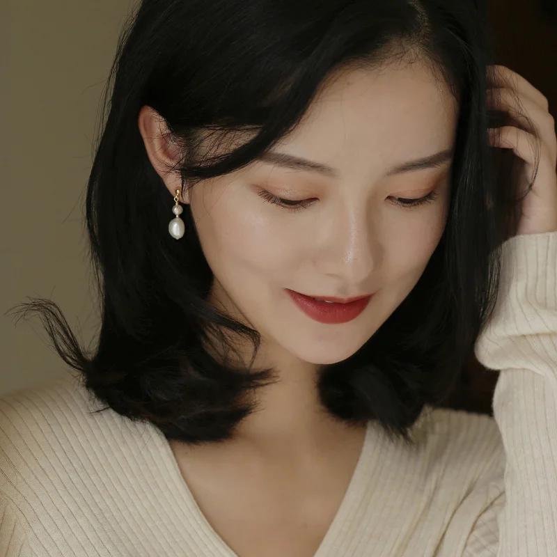 Women Gold Irregular Freshwater Pearl Drop Earrings Elegant French Long Dangle Statement Jewelry