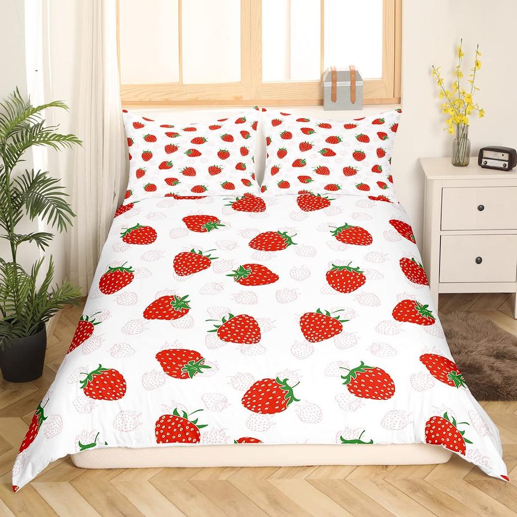 Strawberry Duvet Cover Full Size Comforter Cover Cute Strawberry Pattern Pink Decor Bedding Set for Kids Boys Girls Adults 3Pcs