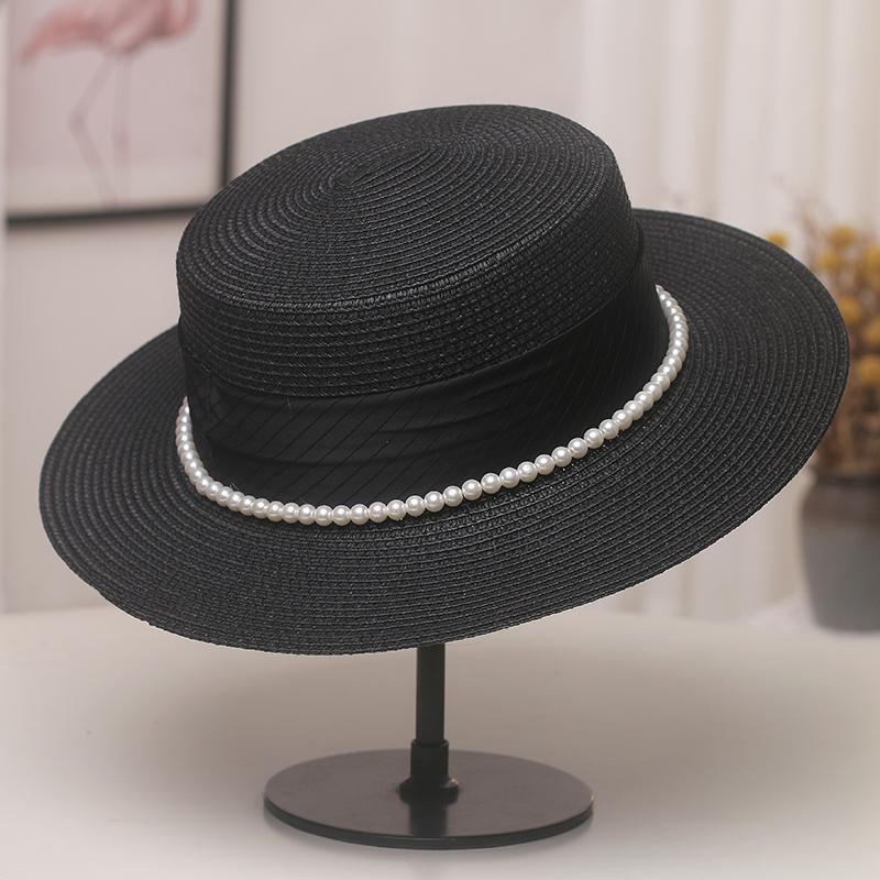 Pearl Straw Hat Women's Summer Retro Flat Top Small Fresh Top Hat Shading Sun Protection Beach Hat Traveling by the Sea