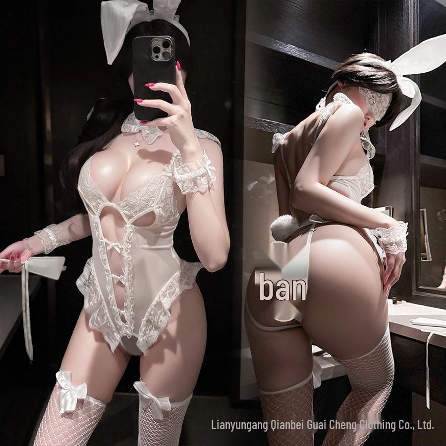 Sexy Bunny Temptation Lace Lingerie Set with Open Crotch Pajama Style.