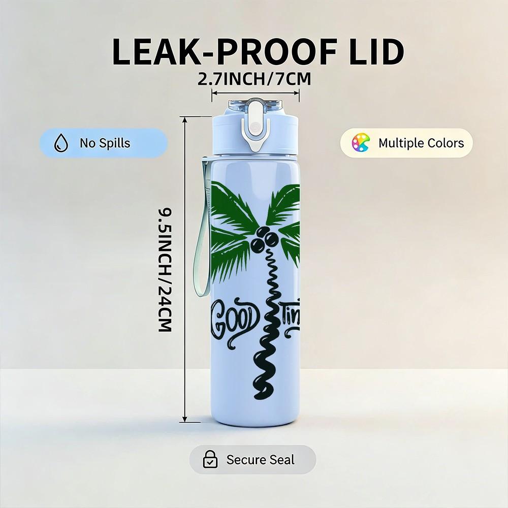 1PC Palm Tree Tropical Retro Print 750ml Color Plastic Sports Water Bottle Leakproof Flip Straw Lid Suitable for Sports Office Home Use