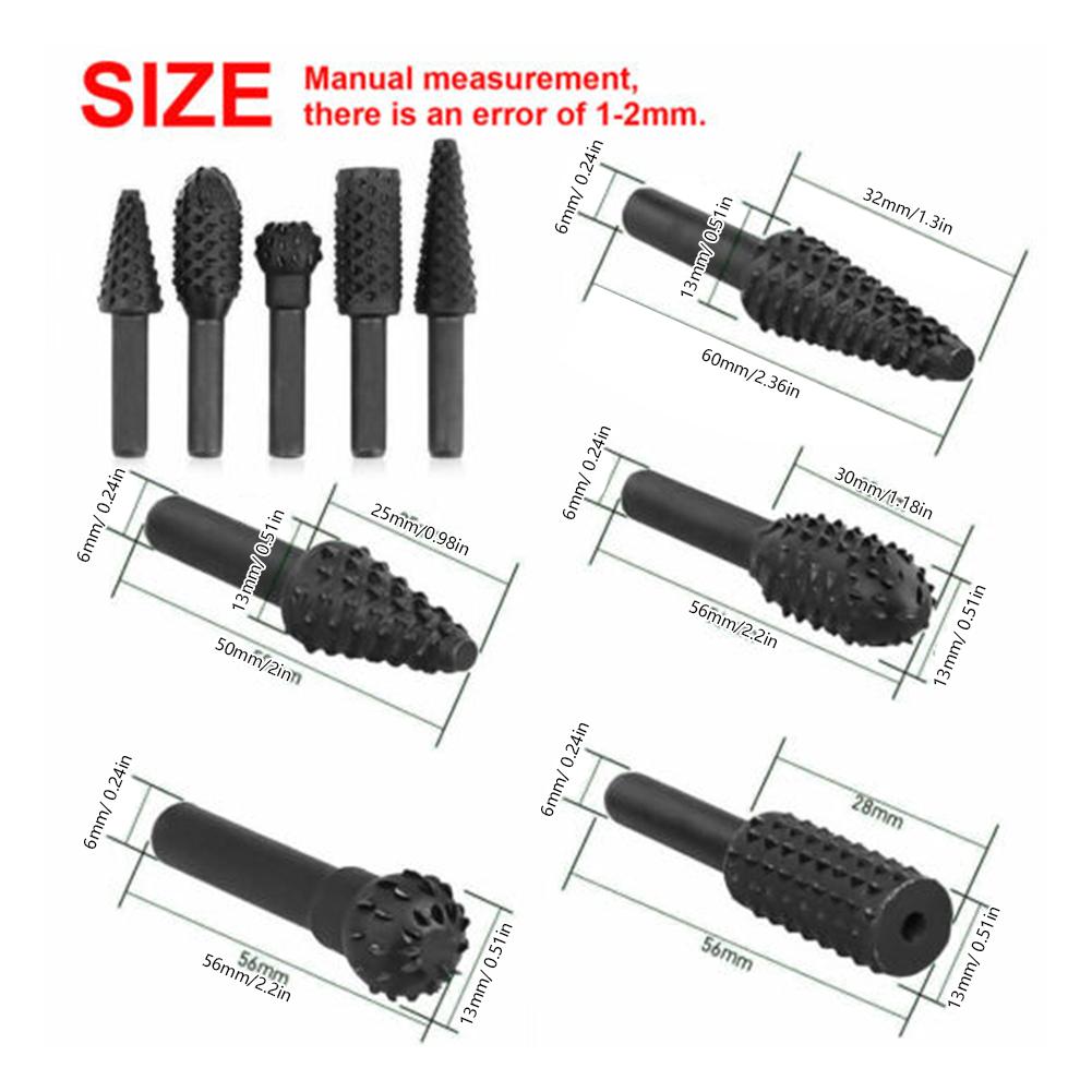 5pcs Wood Carving File Rasp Drill Bit Rotarys Set Universal Woodworking Grinding Head Steel Wood Carving Polishing Engraving
