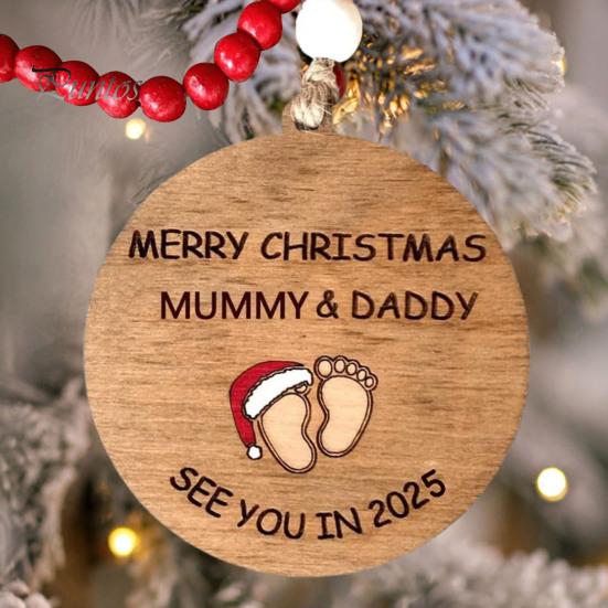 Weihnachtsschmuck „See You in 2025“ aus Holz, Baby-Fußabdruck-Dekoration, Weihnachtsbaum-Anhänger zum Aufhängen für neue Eltern