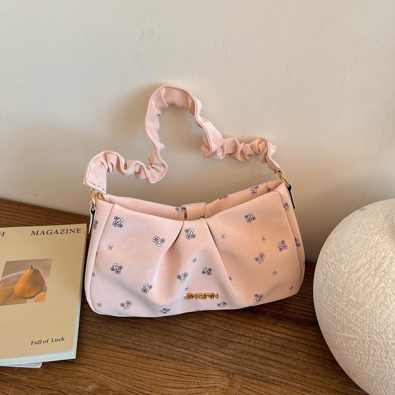 Sweet Floral Pleated Strap Women Pu Shoulder Bags Lightweight Portable Ladies Underarm Bag Casual Versatile Girls Zipper Handbag