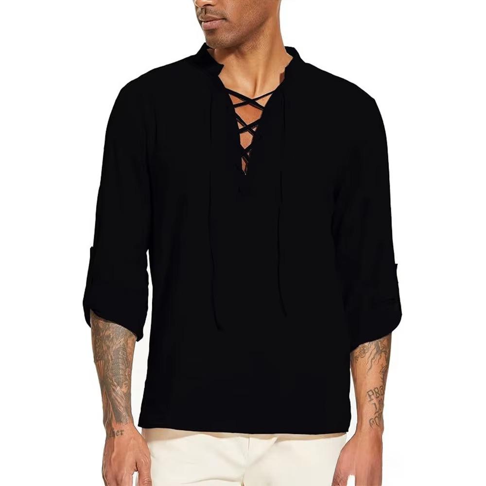Men's Pirate Shirt Medieval Viking Henley Collar Shirts Drawstring Cotton Linen Lace Up V Neck Shirts Beach Spring Summer Tops