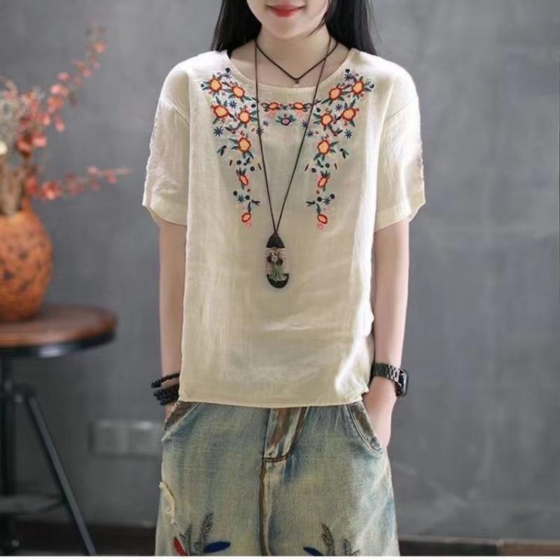 Embroidered Linen Short Sleeved T-shirt for Women In Summer Loose Oversized Retro Original Round Neck Pure Cotton Top for Women Shirts